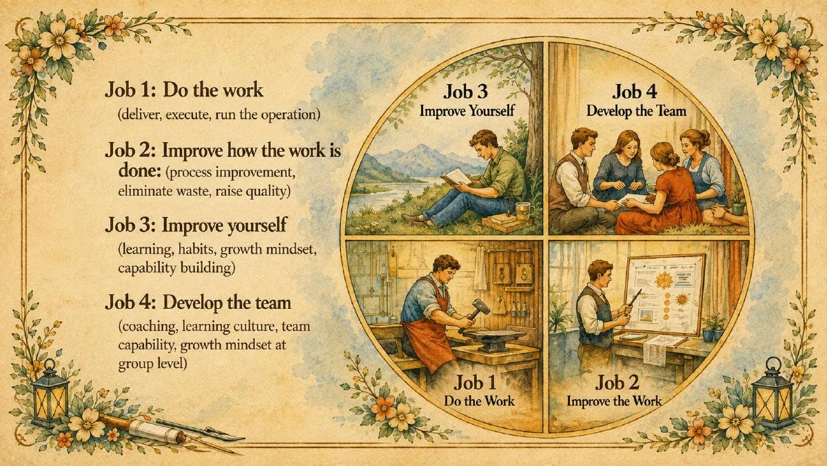The Four Jobs framework: do the work, improve how it is done, improve yourself and develop the team.