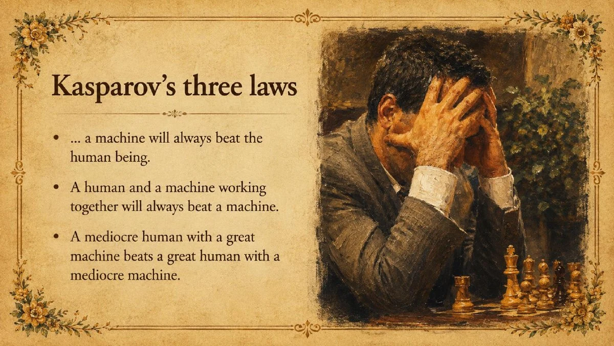 JJ's three-law teaching slide: machine capability, human-machine collaboration, and the quality of the machine and process.